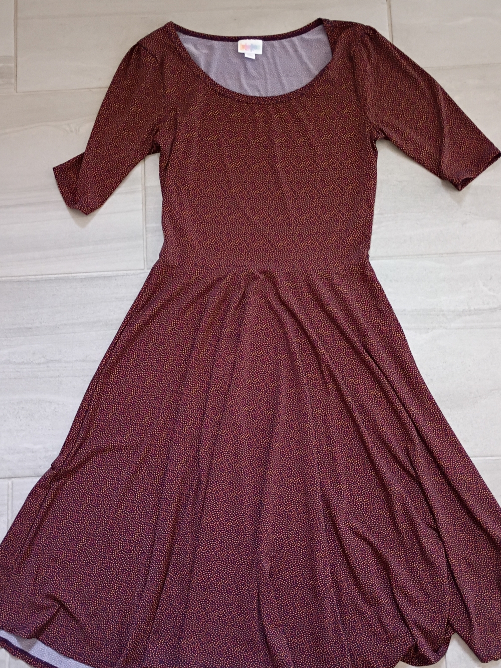 LuLaRoe Scoop Neck Midi Dress in Burgundy with Tiny Gold Dots